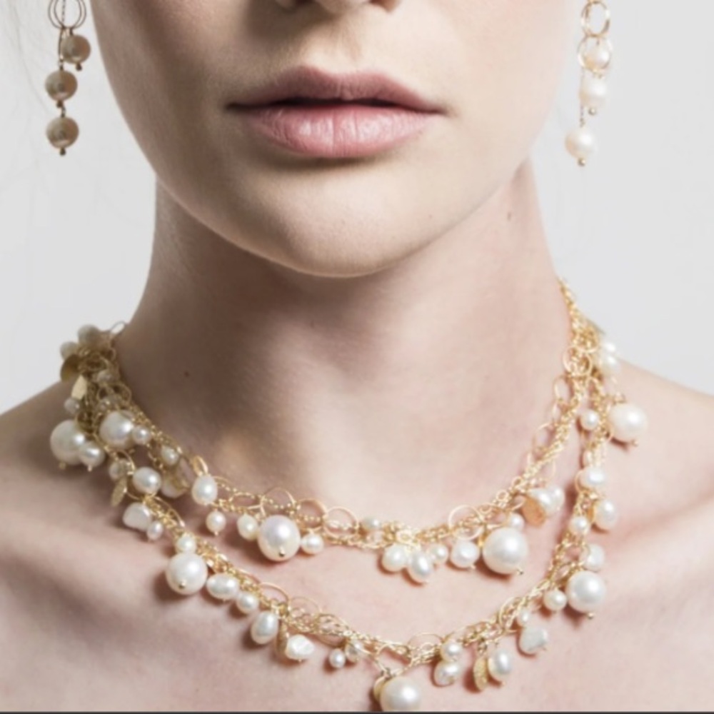 Mabel Chong Venus Pearl and Charms Necklace 14 kt Gold strand Evening Formal